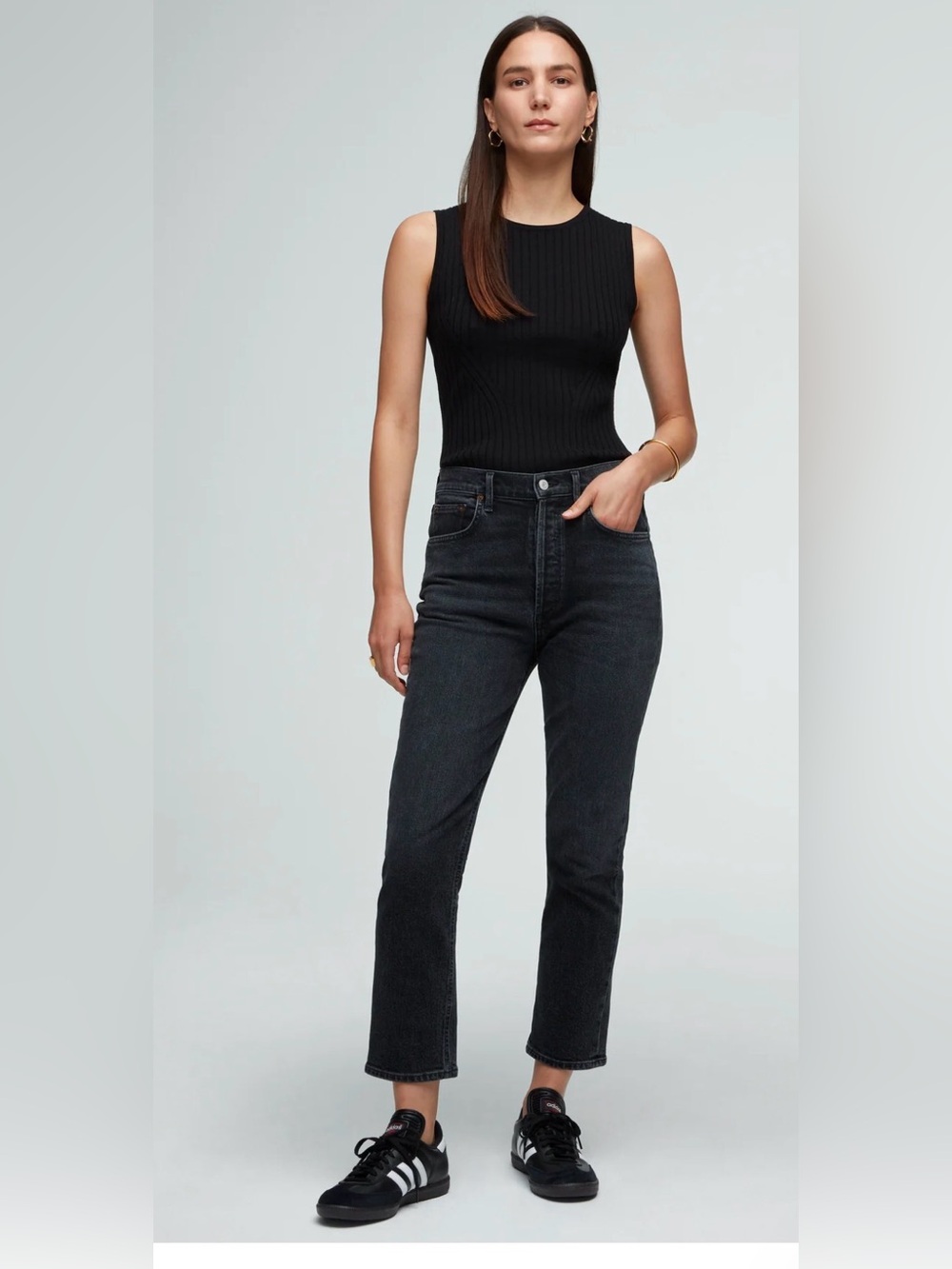 Agolde Riley Crop Jeans in Washed Black Organic Cotton Straight Leg , size 27